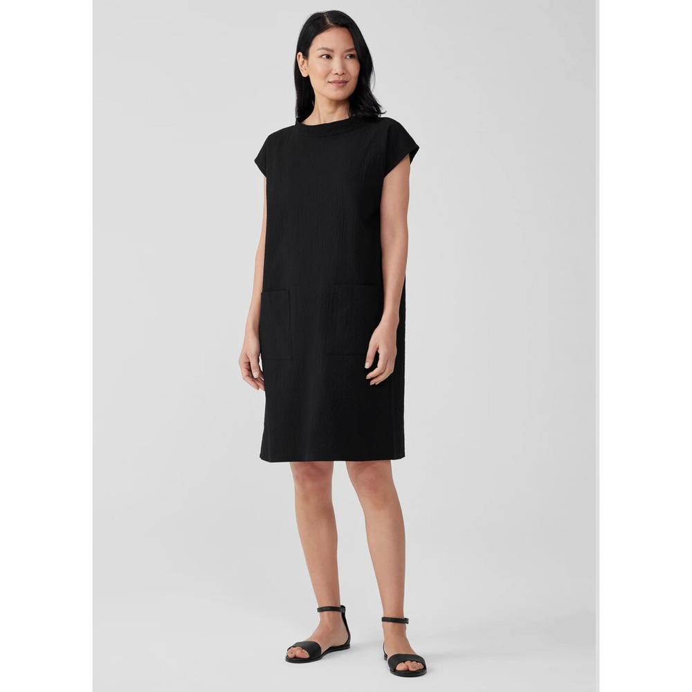 Eileen Fisher Organic Cotton Pucker Shift Dress Black M Mock Neck Pockets